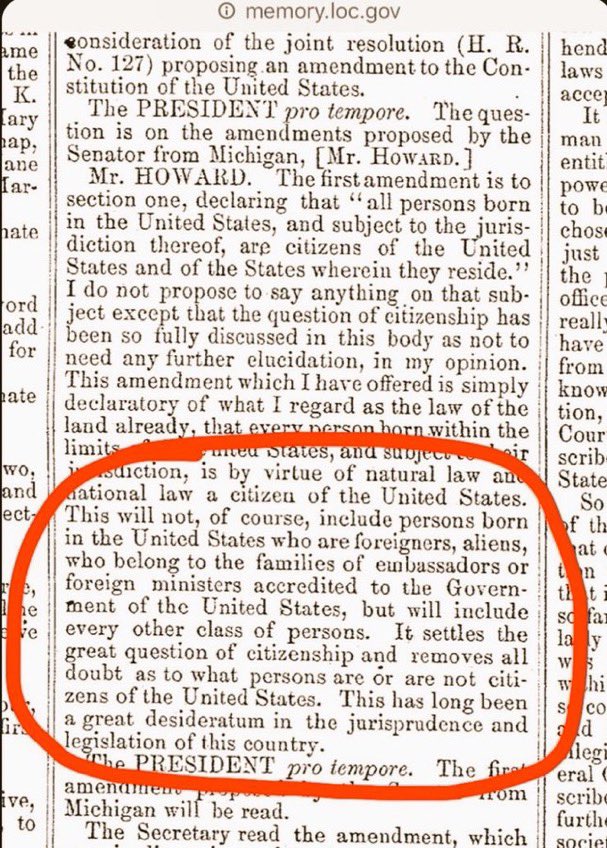 JoshuaW4145's tweet photo. @mattvanswol A screenshot of an excerpt of the speech given by the author of the 14th amendment. Any originalist can plainly see that birthright citizenship does not extend to foreign invaders. It is a shame that our court could not. https://t.co/GH6UolzlK6
