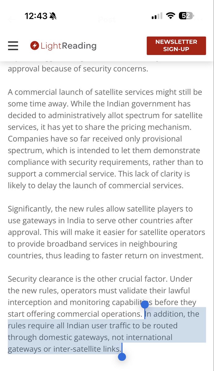 CytoplasmicANA's tweet photo. Indian Department of Telecommunications says that “the rules require all Indian user traffic to be routed through domestic gateways, not international gateways or inter-satellite links.”

This is why $ASTS transparent architecture continues to win globally. It secured the JLEO award, united top European MNOs (ex DT) under Satellite Connect Europe, and won a Brazilian S-band allocation. Meanwhile, Starlink is forcing a square peg into a round hole, pushing a regenerative, mesh model that clashes with a new global landscape where national sovereignty dictates telecom policy