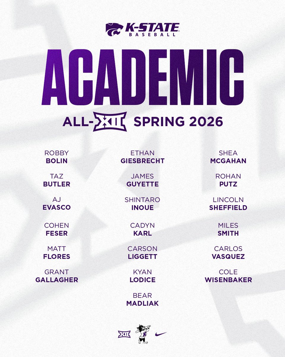 KStateBSB's tweet photo. Academic excellence 📚

19 Wildcats earn Spring Academic All-Big 12 honors https://t.co/5ZT48oKvFo