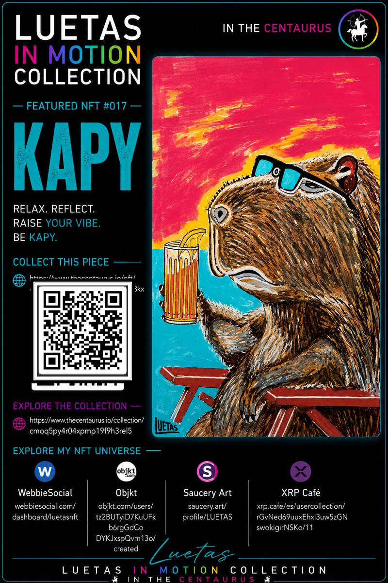 LuetasNFT's tweet photo. ⭐ LUETAS COLLECTION
AFTERNOON FEATURE
🦫 KAPY
A veces el arte no grita.
Se sienta, observa y disfruta del atardecer.
🛒 COLLECT THIS PIECE
https://t.co/G1fu0lOvL4
🎞️ LUETAS IN MOTION COLLECTION
https://t.co/omqiUSSCwF
✍️ Luetas
#KAPY #LUETASNFT #LUETASART #LUETASINMOTION #SPASMODICSURREALISM #ONEIRICSURREALISM #FRACTALSURREALISM #INTERSTELLARLIFE #AnimatedNFT #NFTCollector
⭐ LUETAS COLLECTION
AFTERNOON FEATURE
🦫 KAPY
Sometimes art doesn't scream.
It sits, watches and enjoys the sunset.
🛒 COLLECT THIS PIECE
https://t.co/G1fu0lOvL4
🎞️ LUETAS IN MOTION COLLECTION
https://t.co/omqiUSSCwF
✍️ Luetas
#KAPY #LUETASNFT #LUETASART #LUETASINMOTION #SPASMODICSURREALISM #ONEIRICSURREALISM #FRACTALSURREALISM #INTERSTELLARLIFE #AnimatedNFT #NFTCollector