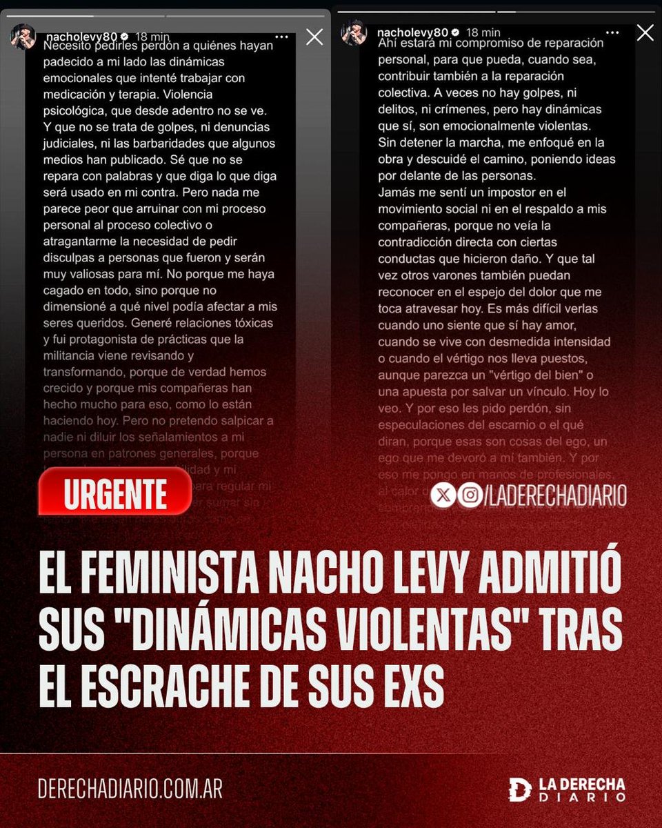 laderechadiario's tweet photo. 🚨🇦🇷 | NO FALLA: El militante feminista y líder de La Garganta Poderosa, Nacho Levy, habló por primera vez tras ser escrachado por varias de sus ex parejas y admitió haber protagonizado "dinámicas emocionalmente violentas" y "relaciones tóxicas".

"Jamás me sentí un impostor en el movimiento social ni en el respaldo de mis compañeras".