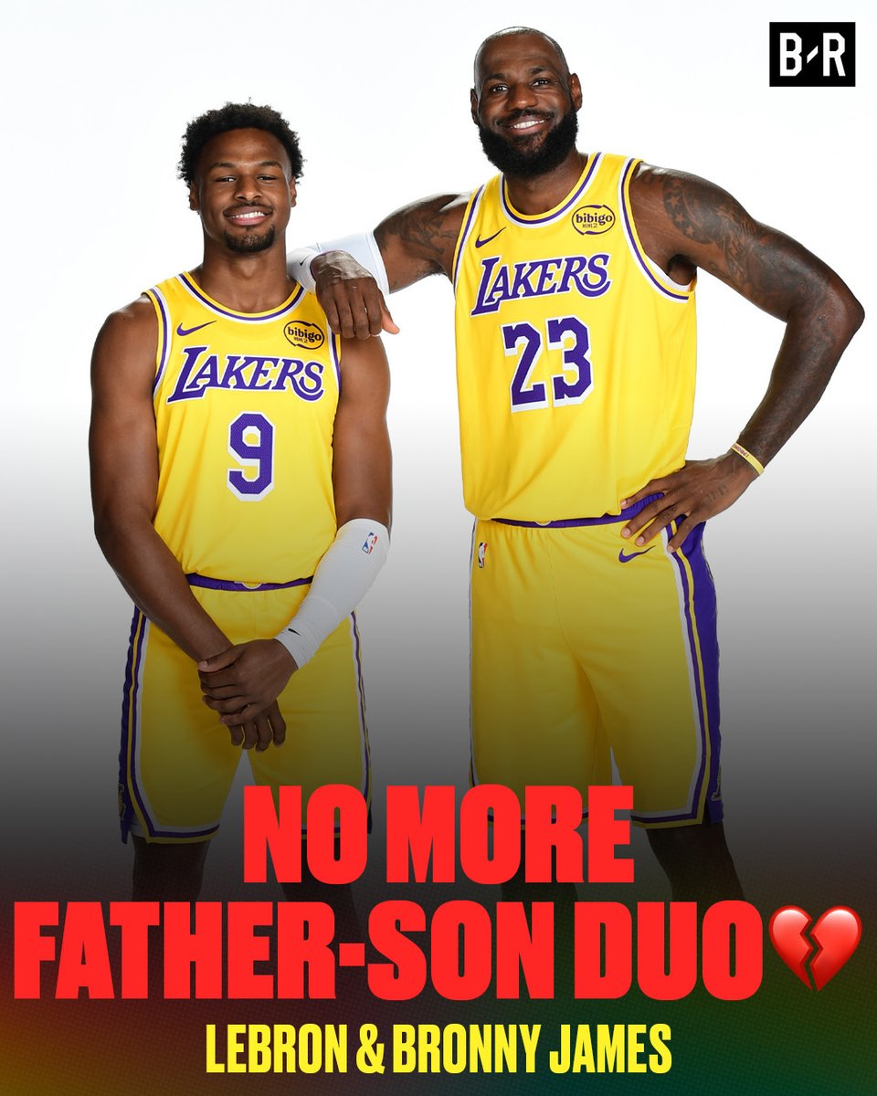 BleacherReport's tweet photo. LeBron and Bronny James will no longer be playing together for the Lakers, which ends the first ever father-son duo in NBA history 💔 https://t.co/nWr2hCTpMy
