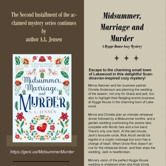 MPSmithAuthor's tweet photo. New Release by A.L. Jensen-- Midsummer Marriage And Murder
https://t.co/JTPYHAqmhD
#book #bookblast #bookpromo #greatread #BYNR #NewRelease https://t.co/VNZmRlLGVc