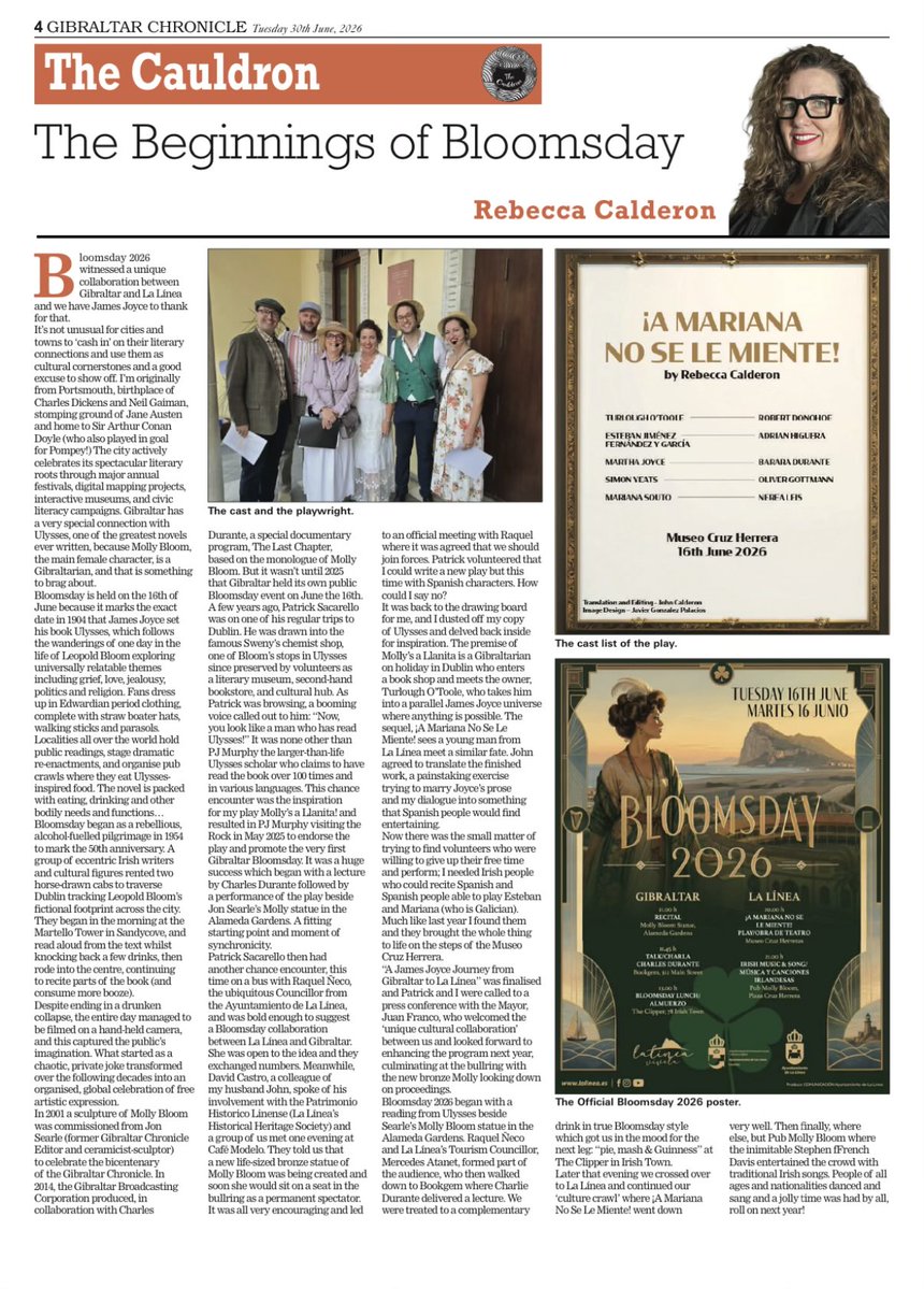 DomGibraltar's tweet photo. Great @reb_calderon plus have taken up #Bloomsday @GibChronicle 2001 celebration that noted mention in Molly’s soliloquy. Apart from dad Jon’s sculpture - with @cortes_john support broke military mould - we premiered Danis Rose play Molly ‘Bloom’s last words’ @JamesJoyceCentr https://t.co/1zy9WEJ6ZH