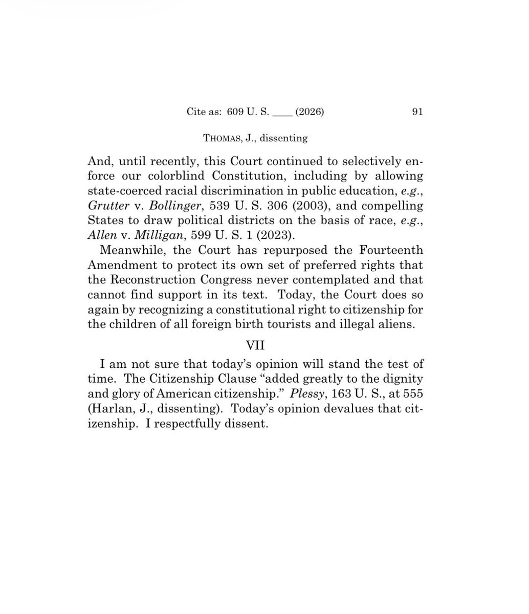 bennyjohnson's tweet photo. Justice Clarence Thomas NAILS IT in his Dissent Against The Supreme Court’s Birthright Citizenship Ruling:

“Today, the Court does so again by recognizing a constitutional right to citizenship for the children of all foreign birth tourists and illegal aliens.”

“I am not sure that today’s opinion will stand the test of time. The Citizenship Clause ‘added greatly to the dignity and glory of American citizenship.’ Today’s opinion devalues that citizenship.”