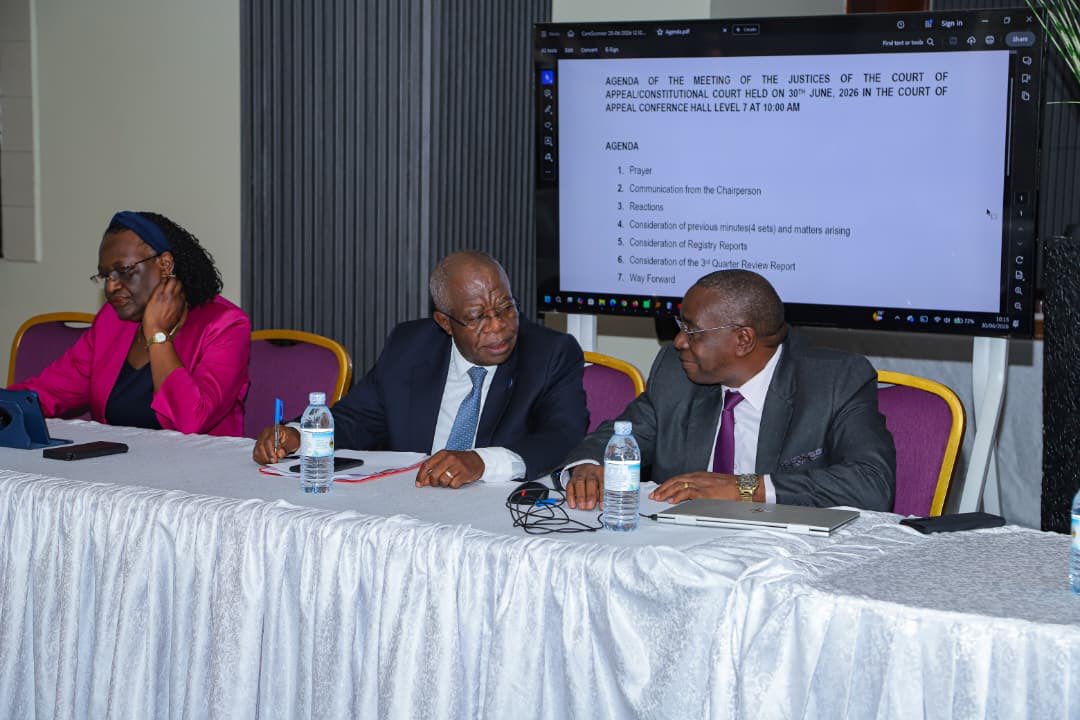 JudiciaryUG's tweet photo. This morning the Deputy Chief Justice, Justice Moses Kazibwe Kawumi, held  his first meeting with the Justices of the Court of Appeal/Constitutional Court at the Court of Appeal in Kampala.

The meeting was intended to discuss matters aimed at enhancing the effective and efficient delivery of justice by the Court of Appeal/Constitutional Court.

It was attended by Justices of the Court of Appeal including Justice Geoffrey Kiryabwire (Court administrator), Justice Cheborion Barishaki, Lady Justice Hellen Obura, Lady Justice Irene Mulyagonja, Justice Christopher Gashirabake, Justice Oscar John Kihika, Lady Justice Margaret Tibulya, Justice Dr. Asa Mugenyi, Justice John Mike Musisi, Lady Justice Florence Nakachwa, Justice Jesse Byaruhanga Rugyema, Lady Justice Cornelia Kakooza Sabiiti, Justice Musa Ssekaana and Lady Justice Esta Nambayo.

Also in attendance were HW Rukundo Allen Owembabazi (Registrar, Court of Appeal), HW Natukunda Janeva, HW Zulaika Nanteza, and HW Mugala Jane (Deputy Registrars, Court of Appeal), and HW Mulalira Faisal Umar (Private Legal Secretary to the Deputy Chief Justice)