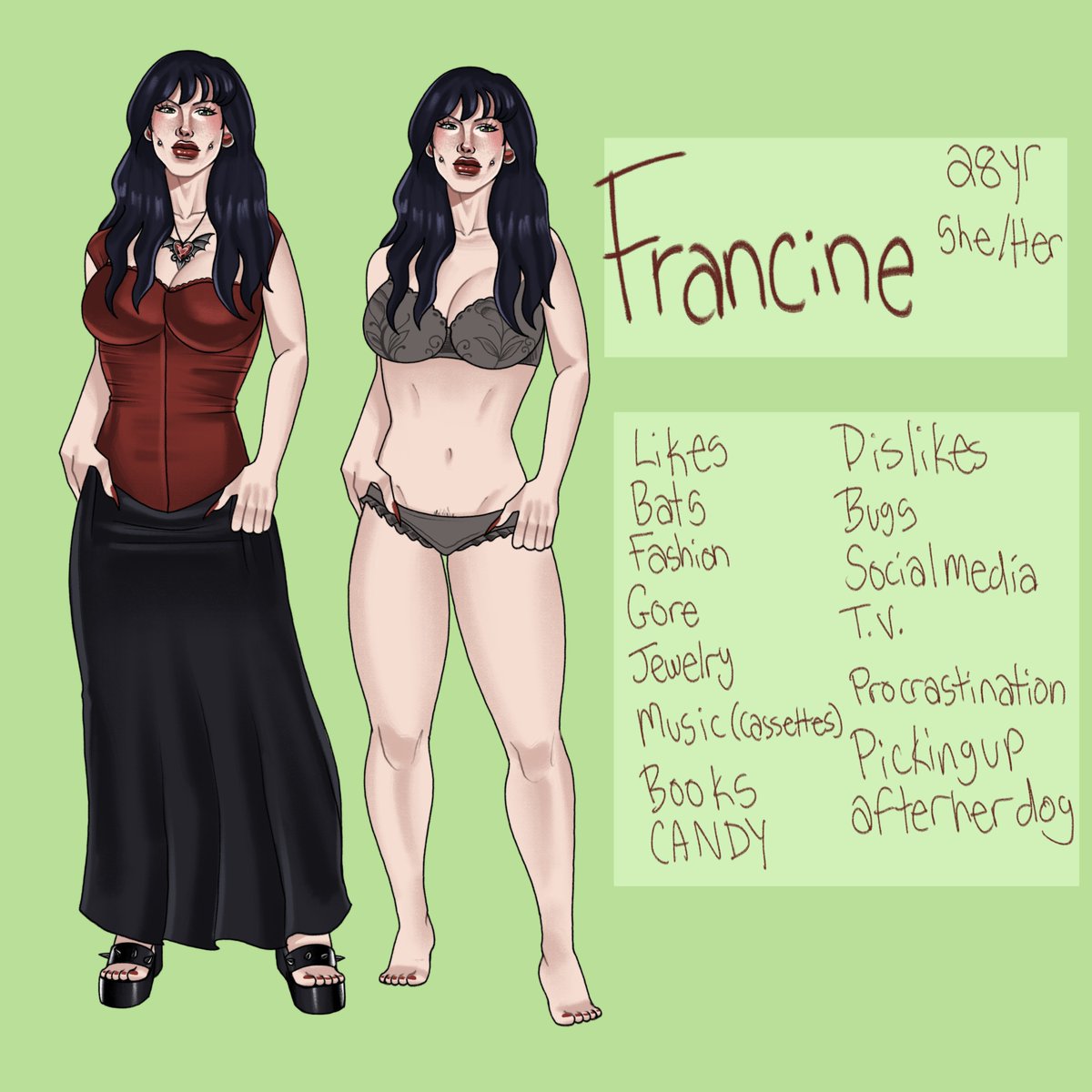 gaysangyeon's tweet photo. francine character sheet DONE https://t.co/pDWF7eCAAf