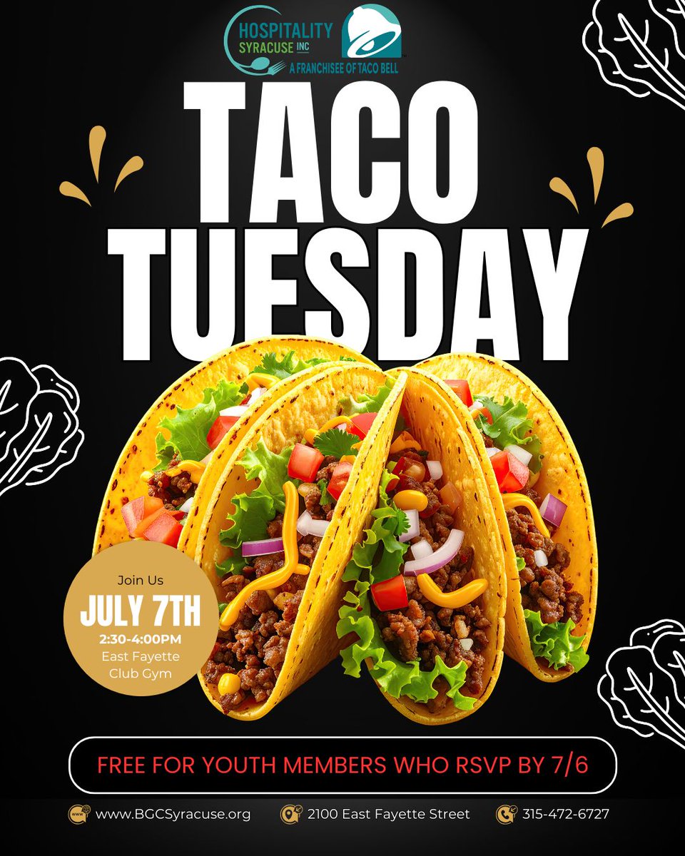 BGC_Syracuse's tweet photo. Hope to see all of our youth members in one week at @tacobell Tuesday! Be sure to RSVP by calling or letting our staff know you're coming. Thank you and happy summer!
#livemas #tacotuesday #tacobell #thebell https://t.co/byosReWtzx