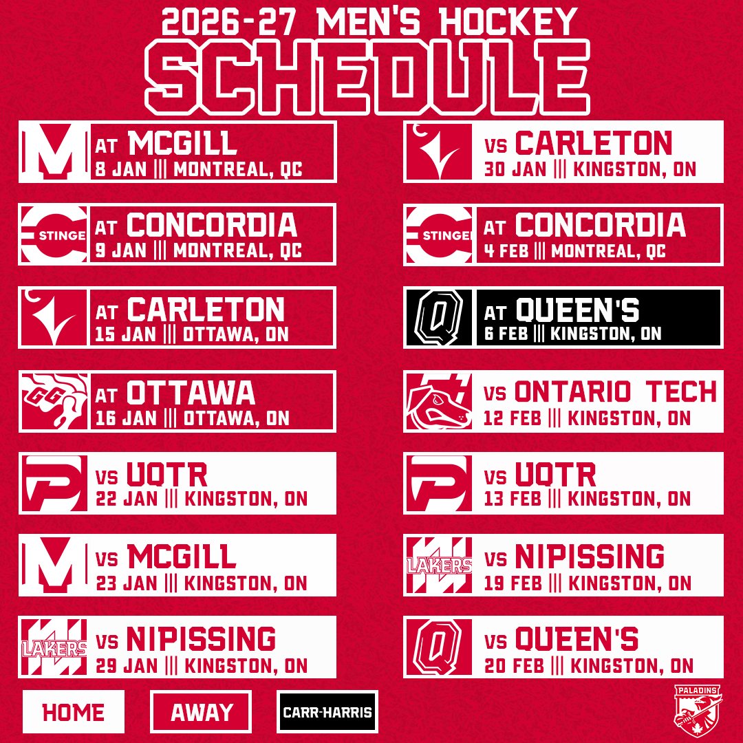 RMCPaladins's tweet photo. The men’s hockey team gets things started against the Ottawa Gee-Gees on Oct. 16!

🗓: https://t.co/1qfHc3ml4S

//

L'équipe masculine de hockey commencera par affronter les Gee-Gees de Ottawa le 16 oct.

🗓: https://t.co/1qfHc3ml4S https://t.co/thNVMfDiGD