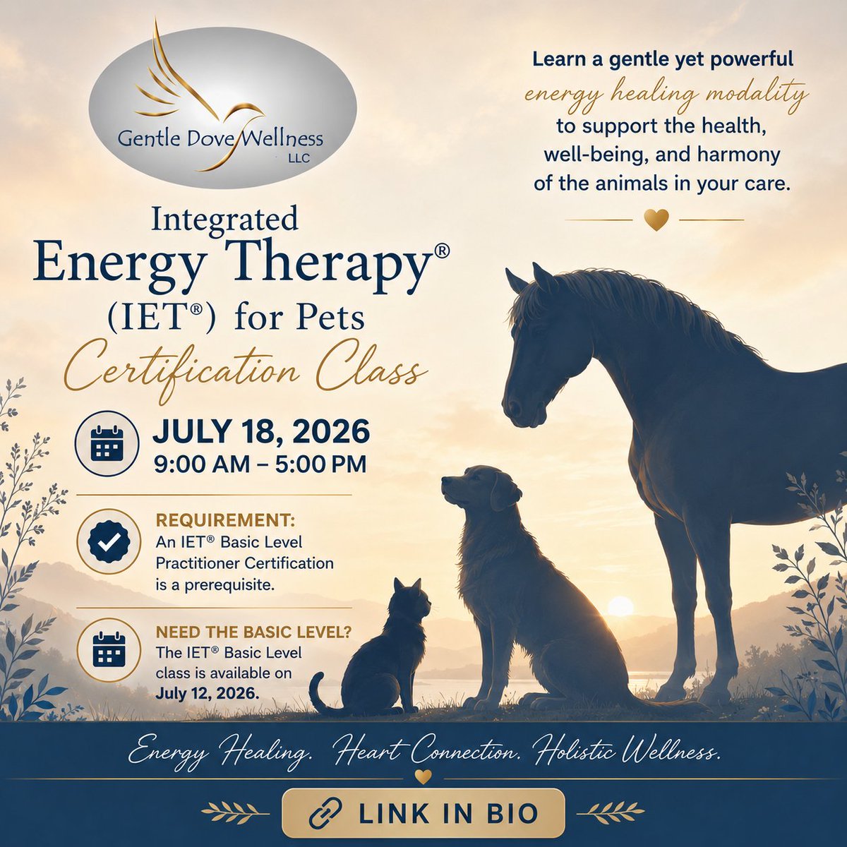 gd_wellness's tweet photo. Our IET® for Pets class is being offered at Gentle Dove Wellness LLC  on Saturday, July 18th, 2026!  You must have completed your IET® Basic Level Practitioner certification; however, if you are not already certified as an IET®  Basic Level Practitioner, join us for this class on Sunday, July 12th!  Taking both classes provides a $50 discount!  To register online: https://t.co/DA8letIiWy