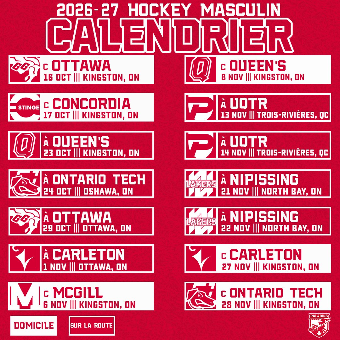 RMCPaladins's tweet photo. The men’s hockey team gets things started against the Ottawa Gee-Gees on Oct. 16!

🗓: https://t.co/1qfHc3ml4S

//

L'équipe masculine de hockey commencera par affronter les Gee-Gees de Ottawa le 16 oct.

🗓: https://t.co/1qfHc3ml4S https://t.co/thNVMfDiGD