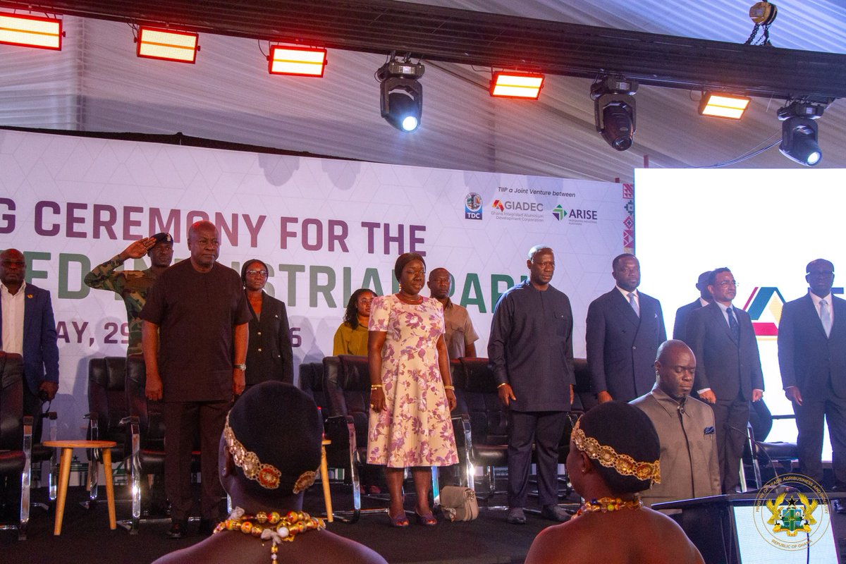 GHANANEWSAGENCY's tweet photo. President John Dramani Mahama on Tuesday broke grounds for the beginning of construction works on the 120 hectares Tema Integrated Industrial Park (TIIP) at the industrial enclave of Tema.

The project is a joint venture involving the Ghana Integrated Aluminium Development Corporation (GIADEC), TDC Ghana Ltd, and ARISE Integrated Industrial Platforms. 

President Mahama said the project marks the beginning of a new chapter in Ghana's economic transformation and reaffirms their determination to build an economy that produces more, exports more, creates more jobs and delivers shared prosperity.

He said TIIP represents the practical implementation of their vision to transform Ghana from a predominantly raw material-exporting economy into a competitive industrial nation.

#GNA #GhanaNewsAgency #GhanaNews