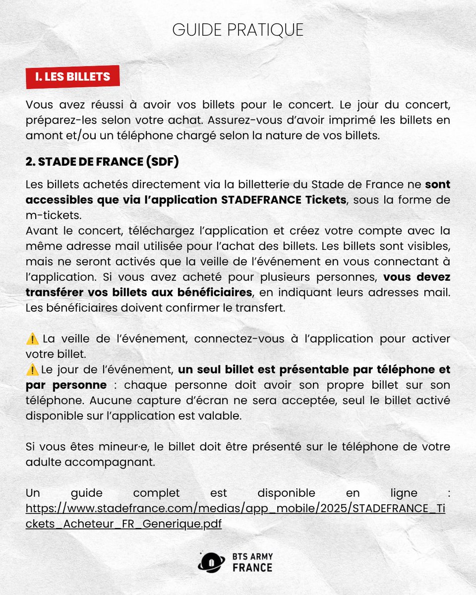 ARMYFRANCE_'s tweet photo. [@BTS_twt x Concerts]

ARMYs,

Les concerts de BTS au Stade de France arrivent à grands pas !
Nous vous avons préparé un guide pratique pour anticiper votre venue et être prêt•es pour le jour J 🇫🇷

#BTS #방탄소년단 #BTS_ARIRANG #bts_worldtour_arirang https://t.co/yFdlryS7OQ