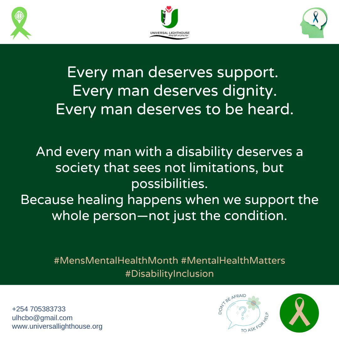 ULHouseCBO's tweet photo. What if the strongest men you know are carrying the heaviest burdens in silence?

This Men's Mental Health Month, let's break the stigma. Men with disabilities and every other man deserves to be heard, supported, and empowered to thrive. 💙

#MensMentalHealthMonth #Inclusion https://t.co/ceQe4EuSJZ