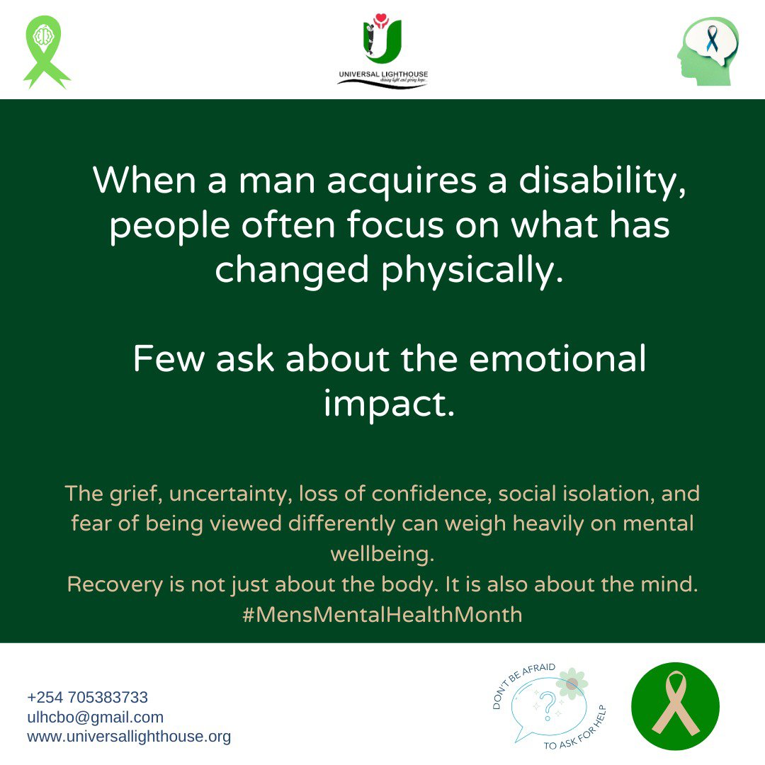 ULHouseCBO's tweet photo. What if the strongest men you know are carrying the heaviest burdens in silence?

This Men's Mental Health Month, let's break the stigma. Men with disabilities and every other man deserves to be heard, supported, and empowered to thrive. 💙

#MensMentalHealthMonth #Inclusion https://t.co/ceQe4EuSJZ