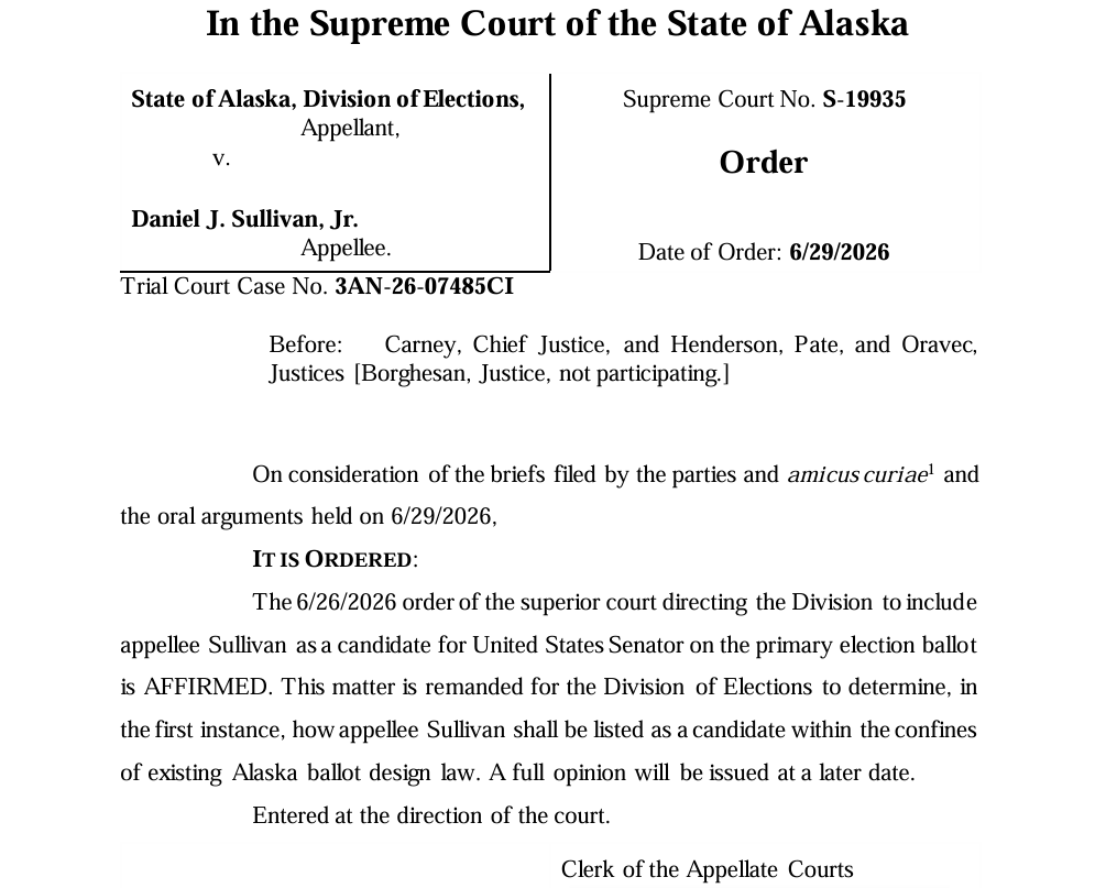 MustReadAlaska's tweet photo. Petersburg’s Dan Sullivan Allowed on Ballot

After hearing oral arguments, yesterday, June 29, 2026, the Alaska Supreme Court has ruled that Daniel J. Sullivan Jr., a teacher from Petersburg with the same first and last name as incumbent Senator Dan Sullivan, is allowed to appear on the ballot as a candidate for U.S. Senate. Petersburg Dan will appear on the ballot simply as “Sullivan, Daniel J. Jr.” with no party affiliation. The incumbent Senator Dan Sullivan will appear as “Sullivan, Dan S. (Registered Republican) incumbent.”

The race for Alaska’s open U.S. Senate seat is a key race garnering keen media attention as Democrats spend big money to flip the seat. The major players are incumbent U.S. Senator Dan Sullivan (R-Alaska), who has been serving Alaska in the U.S. Senate for 10 years, and Democrat Mary Peltola, who represented Alaska in the House of Representatives from 2022-2024. Recently, a high-profile controversy resulted from the filing for candidacy of Daniel J. Sullivan, Jr., a teacher from Petersburg with the same first and last name as the incumbent Senator.

After Petersburg Dan filed, switched his party affiliation to Republican, ripped off the incumbent Senator’s campaign design, and seemed unwilling to distinguish himself from the incumbent, Republicans asserted that Petersburg Dan was not running with an intent to serve as senator, but instead with the intent to confuse voters and draw votes away from the incumbent.

Full story in reply!

@SenDanSullivan 
@MaryPeltola