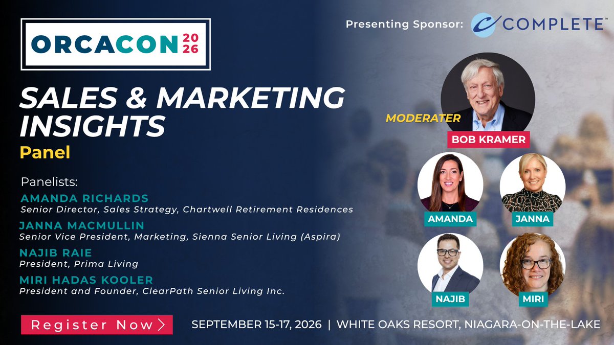 ORCAretirement's tweet photo. The way seniors &amp; their families choose a retirement community is changing. Is your approach keeping pace?

Join our Sales &amp; Marketing Panel at #ORCACON2026 to hear practical strategies and fresh ideas from fellow operators. Learn what's working. Register: https://t.co/pVJER9TPiu https://t.co/9F1pVEgZRW