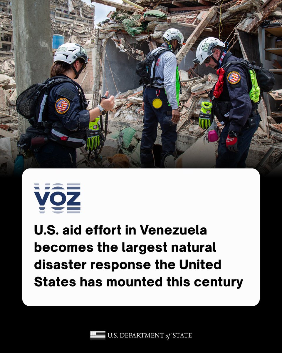 StateDept's tweet photo. The U.S. response continues to expand, with hundreds of personnel, humanitarian assistance, and specialized disaster response capabilities supporting rescue and relief efforts across Venezuela. https://t.co/eCFB0HYw9q