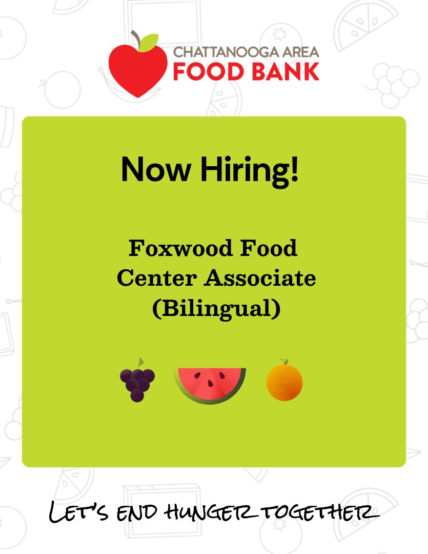 chattfoodbank's tweet photo. COME JOIN OUR TEAM! Our Foxwood Food Center team is growing and we are looking for a Bilingual Associate. 

Learn more and apply here: https://t.co/AFpwWwLtqr https://t.co/WbsJGf5b3t