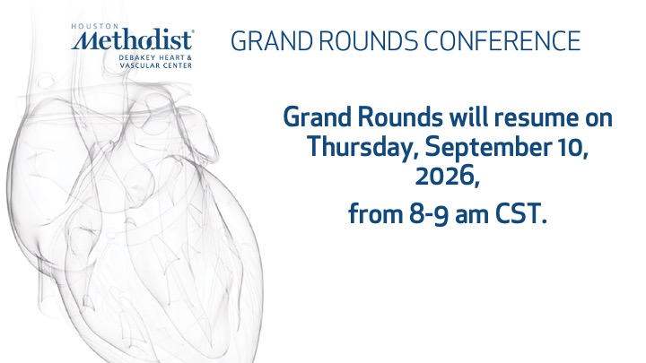 DeBakeyCVedu's tweet photo. The 2025–2026 academic year has come to an end. Grand Rounds will resume on Thursday, September 10, 2026, from 8-9 a.m. CT. 
We invite you to view our past cardiovascular lectures on our YouTube channel https://t.co/xlYPQDCx4s

Have a great summer!
#GrandRounds #HoustonMethodist https://t.co/9oQgbvj71H