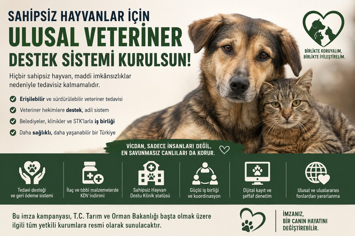 MiroNu21's tweet photo. 🇹🇷 Hiçbir sahipsiz hayvan maddi imkânsızlıklar nedeniyle tedavisiz kalmamalı. 🐾

Türkiye'de yaralı ve hasta sokak hayvanları için Ulusal Veteriner Destek Sistemi kurulmasını talep eden imza kampanyasını başlattım.

Amacımız veteriner hekimlere yük getirmek değil; devlet, belediyeler, özel klinikler ve sivil toplumun birlikte çalışacağı sürdürülebilir bir sistem oluşturmak.

Bu sistem;  

• Sahipsiz hayvanların tedaviye erişimini kolaylaştıracak. 
• Veteriner kliniklerini destekleyecek. 
• Avrupa Birliği ve uluslararası fonlardan yararlanılmasını teşvik edecek.

🔗 https://t.co/CAKnMrCTYy

Birlikte ses olursak, değişim mümkündür. 🐾❤️