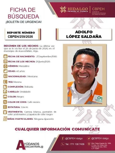 JCarlos_Valerio's tweet photo. #ServicioSocial 🚨 Ayuda para localizar a Adolfo López Saldaña, de 40 años, visto por última vez el 26 de junio en el municipio de Acaxochitlán.

📞 Informes al 771 130 7436. https://t.co/pyOUjXaWDN