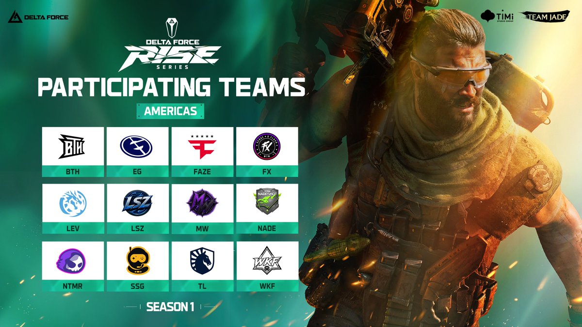 DFGameEsports's tweet photo. Meet your teams from EMEA &amp; Americas.

Two regions. 24 teams.
Who will claim the crown?

RISE Series begins July 10.

#DeltaForce #DFesports #DFRise https://t.co/zMQEq3cL7d