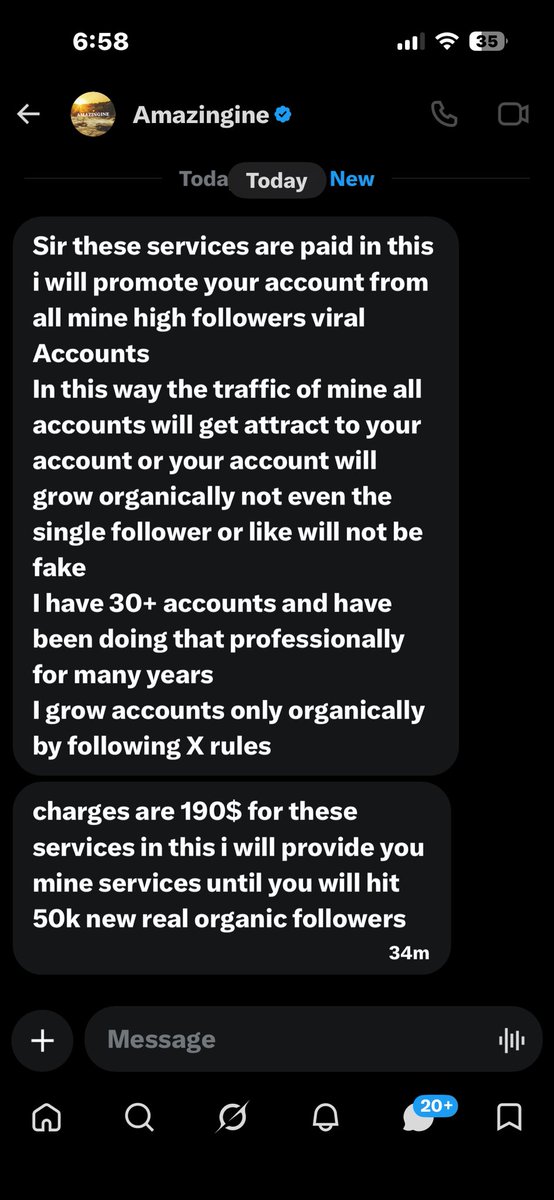 Wizer67's tweet photo. Hey, just got hit with a growth scam DM claiming they’d get me 50k organic followers for $190. Don’t fall for it — it’s a common trick. Block and move on.” Keeps it short and protects your people.
@amazingine
You know what to do 🔵🔵💜 https://t.co/2BHNv76Kwt