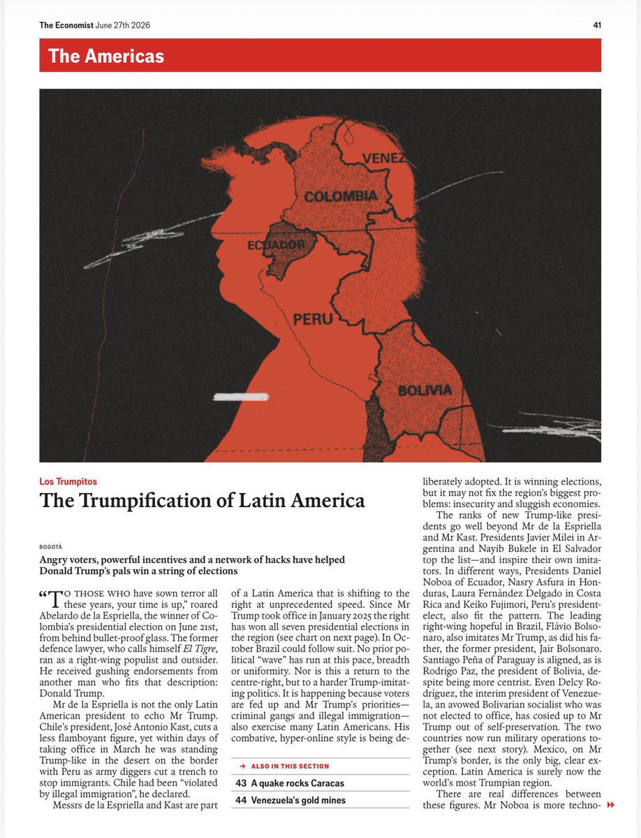 Hector5RC's tweet photo. Ecuador debería leer con cuidado lo que The Economist llama la “trumpificación” de América Latina. No se trata solo de que llegue la derecha; se trata de gobernar con miedo, convertir la inseguridad en capital electoral y presentar la Constitución como obstáculo.
Noboa entendió que una sociedad aterrorizada por extorsiones, homicidios y cárceles tomadas puede aceptar casi todo si se le promete “orden”: estados de excepción permanentes, militares en las calles, toques de queda, allanamientos sin control y opositores políticos convertidos en enemigos.
El problema es que el “estado de guerra” no ha pacificado al país. Ha normalizado la excepción. Ha desplazado el debate democrático. Y ha creado una ciudadanía a la que se le pide elegir entre seguridad y derechos, como si la vida pudiera protegerse destruyendo el Estado constitucional y los Derechos Humanos.
Cuando un gobierno administra el miedo mejor que el presupuesto público y fracasa en el combate al crimen, la democracia retrocede sin necesidad de tanques en Carondelet. Basta con que el miedo vote, que la rabia aplauda y que el país acepte obedecer antes que exigir resultados, lo vemos en Colombia, lo vemos en Perú, pero lo sentimos más en los territorios sin desarrollo, en los pueblos sin educación, sin salud, entrampados en el fango de la pobreza, mientras los operadores del “Escudo de las Américas” se vuelven más absurdamente ricos.