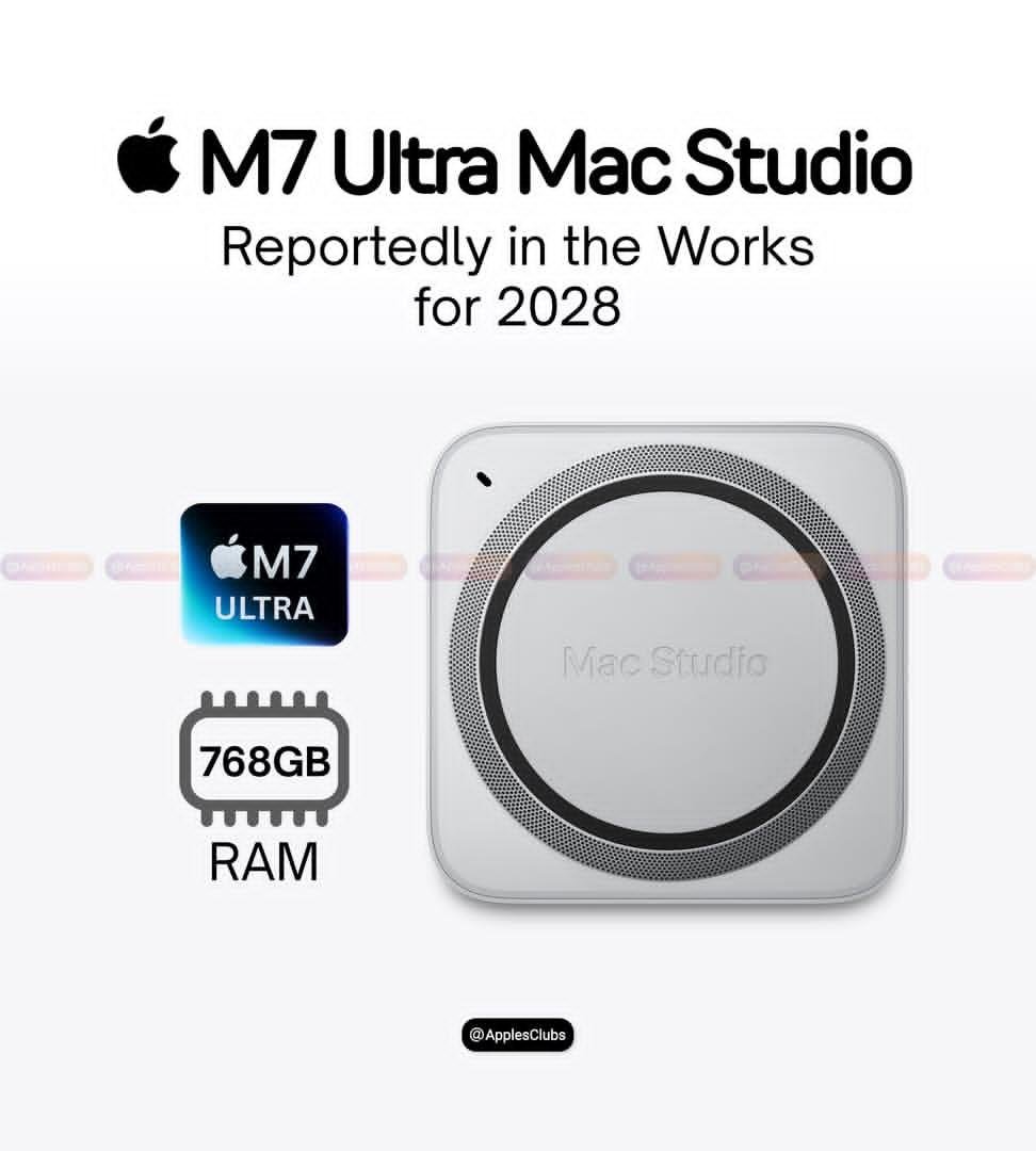 TechFabrizoo's tweet photo. Apple is reportedly developing an M7 Ultra chip for a future Mac Studio, with support for up to 768GB of unified memory. https://t.co/jbEW5NWzpS