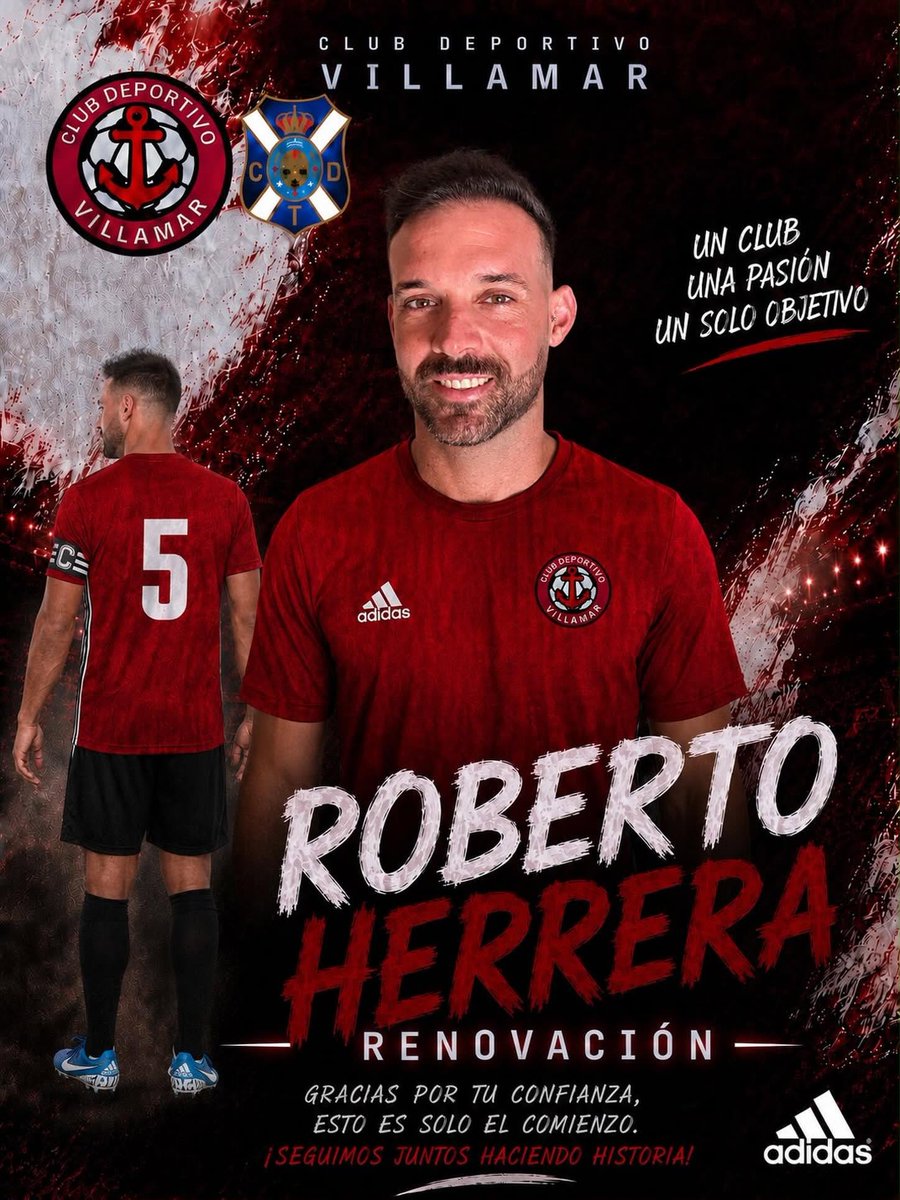XRD_TF's tweet photo. 🔴 ¡RENOVADO!⚪️

El CD.Villamar tiene el placer de anunciar la renovación de Roberto Herrera más conocido como el pícaro, quien continuará como jugador de nuestro Regional durante la temporada 2026/2027, nuestro capitán continúa una temporada más en el equipo del pueblo.

👏🏼 ¡Gracias por la confianza,Roberto!

CD. Villamar el equipo del pueblo.