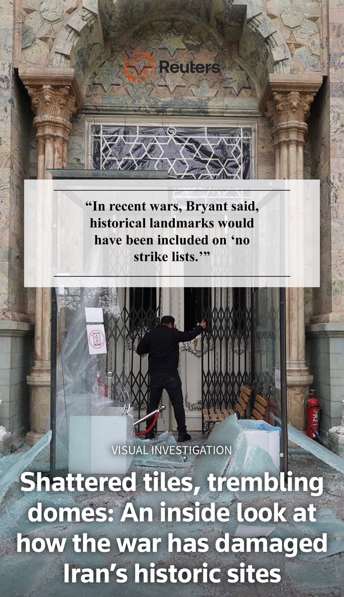WesJBryant's tweet photo. “In two decades of ground and air warfare by the United States and its allies in Iraq, Syria, Libya, and Afghanistan, Reuters could find no examples of damage to cultural heritage sites listed at the time by UNESCO.”

I assisted @Reuters in their on-the-ground investigation into U.S. and Israeli strikes against internationally protected cultural sites in Iran. Another outplay of the swift devolution of U.S. military standards and practices under the fascism and recklessness of Hegseth and the Trump administration.

Full report:
https://t.co/Avu2UFgks9