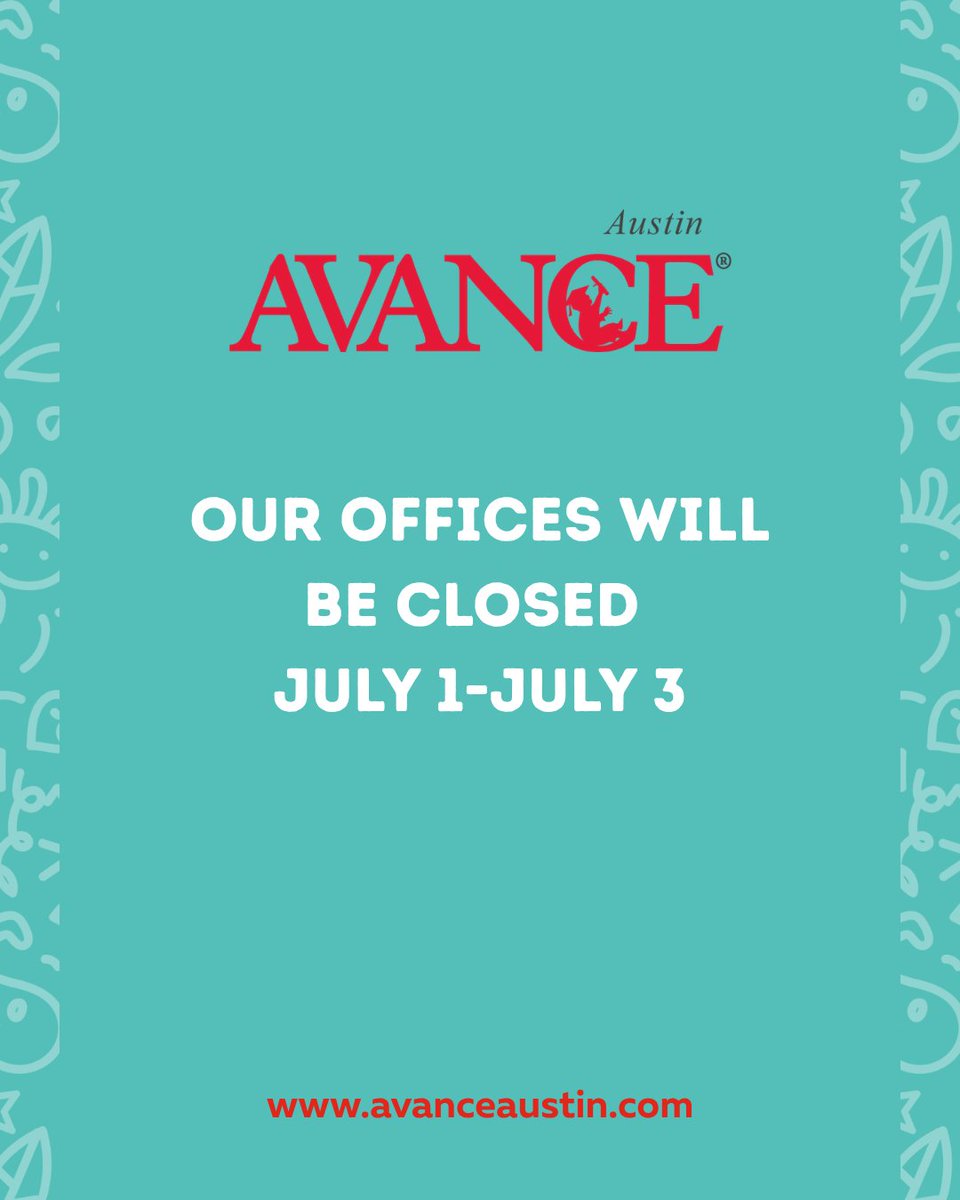 AVANCEAustin's tweet photo. Our offices will be closed July 1–3 in observance of the holiday. We will resume normal business hours on Monday, July 6.

We wish you a safe and happy holiday! 🇺🇸 https://t.co/PKCKMJoerv