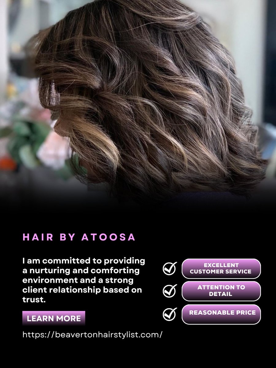 AtoosaBy's tweet photo. Finding the right hairstylist can transform your entire experience. I take time to understand your goals and create a look you'll love. Reserve your appointment today! #HairStylist #BeautyCare #WhereBeautyBegins #HairGoalsAchieved
https://t.co/tT1wPMlxMJ https://t.co/PvDt9SF6vF