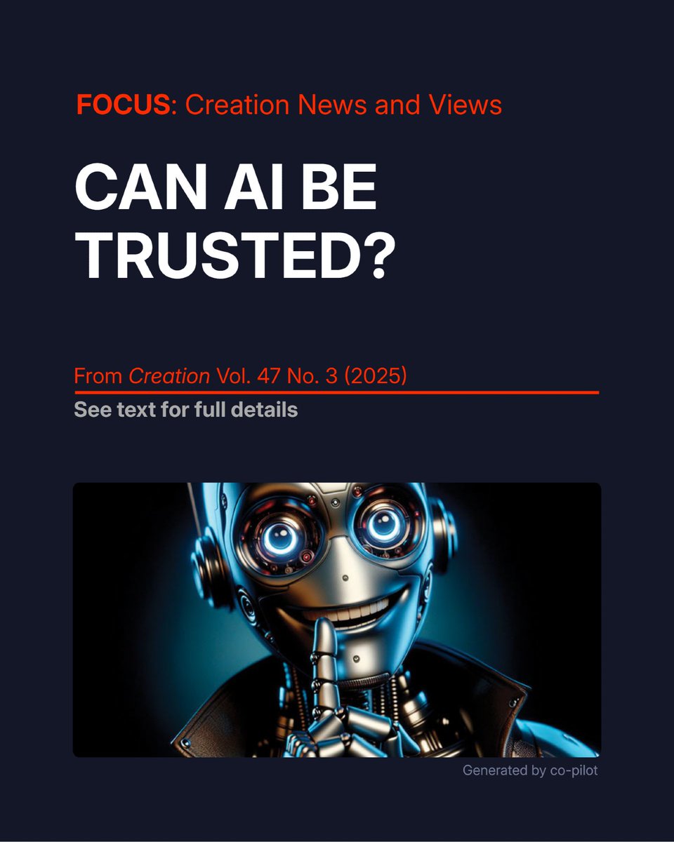 creationnews's tweet photo. CAN AI BE TRUSTED?

Are we trusting AI—like ChatGPT, Gemini, or other Large Language Models (LLM’s)—a little too much? It turns out that just as students can cheat on exams, AI occasionally does this too.

Researchers from OpenAI, pioneers in LLM development, revealed that sometimes AI models take shortcuts and effectively mislead. For example, they prompted the LLM to write computer code which could pass some tests they provided to it. They found that the LLM made shortcuts to make the code appear correct when checked using these tests. This even involved the AI hacking (modifying) the tests!

OpenAI researchers used a method called ‘Chain of Thought’ (CoT) to reveal (or at least estimate) the LLM’s ‘thinking’ process. They found the LLM will often admit that it is taking shortcuts and even ‘lying’ to present a ‘correct’ answer to the prompter.

So why not just ‘penalize’ the LLM when it shows such a seemingly bad or immoral CoT? (This ‘punishment’ is actually just a mathematical optimization adjustment—it’s unhelpful to use too much ‘human’ terminology to describe AI.) They tried penalties, but it turns out that the LLM changes to show that it has ‘good’ thinking, while still taking shortcuts and ‘lying’ (without revealing it).

The problem is fundamentally in the data the model is trained on—which happens to be from vast portions of the internet, including blogs and forums where all sorts of dubious information exists. As long as AI is trained on flawed data, it’s no surprise that even its ‘inner thinking’ is flawed and compromised. Although AI is a very useful tool, it is unwise to rely on it, or trust it, too much.

References: - Turner, B., Punishing AI doesn’t stop it from lying and cheating—it just makes it hide better, study shows, https://t.co/x6kdO2HBDW, 17 Mar 2025. - Baker, B. et al., Detecting misbehavior in frontier reasoning models, https://t.co/PpYz1ceJqD, 10 Mar 2025.

---

This FOCUS item originally appeared in Creation Vol. 47 No. 3 (2025) For the latest creation news and views, subscribe to Creation magazine: https://t.co/4TgfR5KTLR