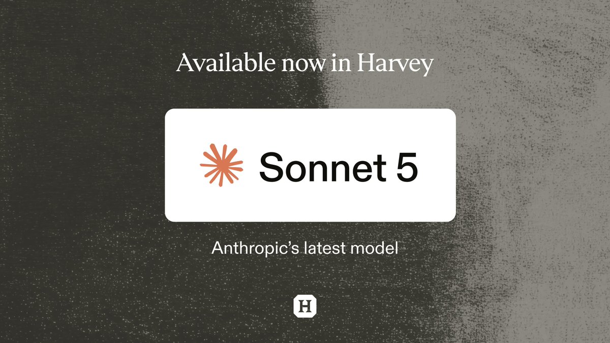 harvey's tweet photo. Now live in Harvey: Claude Sonnet 5.

Sonnet 5 scored 5.8% all-pass on our Legal Agent Benchmark (LAB), building on Sonnet 4.6 with broad gains in legal accuracy and output quality. https://t.co/XpVqAmkPqC