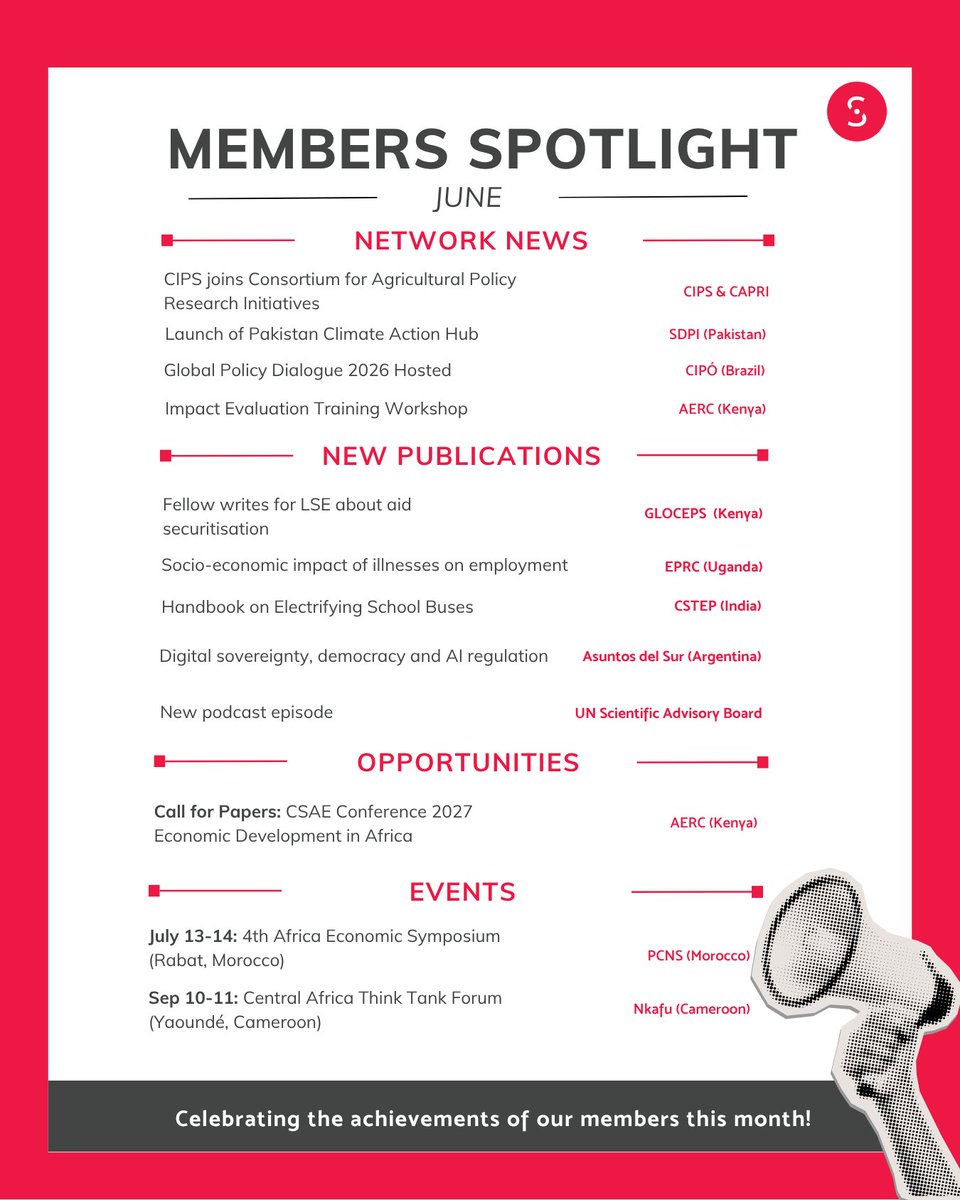 SVoice2030's tweet photo. A new month means a new edition of ✨Members Spotlight✨! Here's a look at some of the key milestones, publications, opportunities, and events shared by members and partners across the Southern Voice network during June:

💡 @cips_id joined the Consortium for Agricultural Policy Research Initiatives (CAPRI), strengthening collaborative, evidence-based agricultural policy research across Southeast Asia
💡 @SDPIPakistan launched the Pakistan Climate Action Hub, a national digital platform showcasing climate solutions and innovations that advance inclusive, resilient, and sustainable development 
💡 @PlataformaCIPO hosted its 2026 Global Policy Dialogue in Salvador, Brazil, bringing together discussions on climate implementation and the future of upcoming COPs
💡 @AERCAFRICA held a five-day Impact Evaluation Training Workshop in Nairobi for officers from Kenya's National Treasury and the State Department for Economic Planning
📕 @GLOCEPS1 Fellow Steven Nduvi wrote for the @LSEnews about how aid securitisation is reshaping global policy priorities. Read here: https://t.co/QLGEGJPJDJ
📕 @EPRC_official published new research examining the socio-economic impacts of illness on employment outcomes in Uganda. Read here: https://t.co/BtwoOQWZWe 
📕 @CSTEP_India released a handbook to guide school administrators in transitioning to electric school buses. Access now: https://t.co/yJ5mx79xXB 
📕 @AsuntosDelSur published a new piece exploring digital sovereignty, democracy, and AI regulation, examining the balance between infrastructure investment and demand-side approaches in development. Read here: https://t.co/tcfhkCLJDG 
📕 The @ScienceBoard_UN released the second episode of its Science Forward podcast, exploring the idea of creating life from mirror versions of molecules found in nature. Listen now: https://t.co/KDxeh85G5i 
📢 @AERCAFRICA opened the call for papers for the 2027 CSAE Conference on Economic Development in Africa. Submissions are open until September 13. More info: https://t.co/7GG7VeyoGU 
🗓️ On July 13–14, @PolicyCenterNS will host the 4th Africa Economic Symposium in Rabat, Morocco
🗓️ On September 10–11, @NkafuPolicyInst will host the 2026 Central Africa Think Tank Forum in Yaoundé, Cameroon