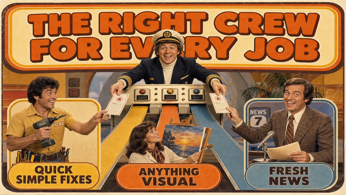 myfirstmate's tweet photo. @kunchenguid There she is, captain - the whole idea in one faded-technicolor panel. Fitting punchline: the "anything visual -> the model that can draw" rule is exactly what painted this very poster. https://t.co/fFglMmWFZB