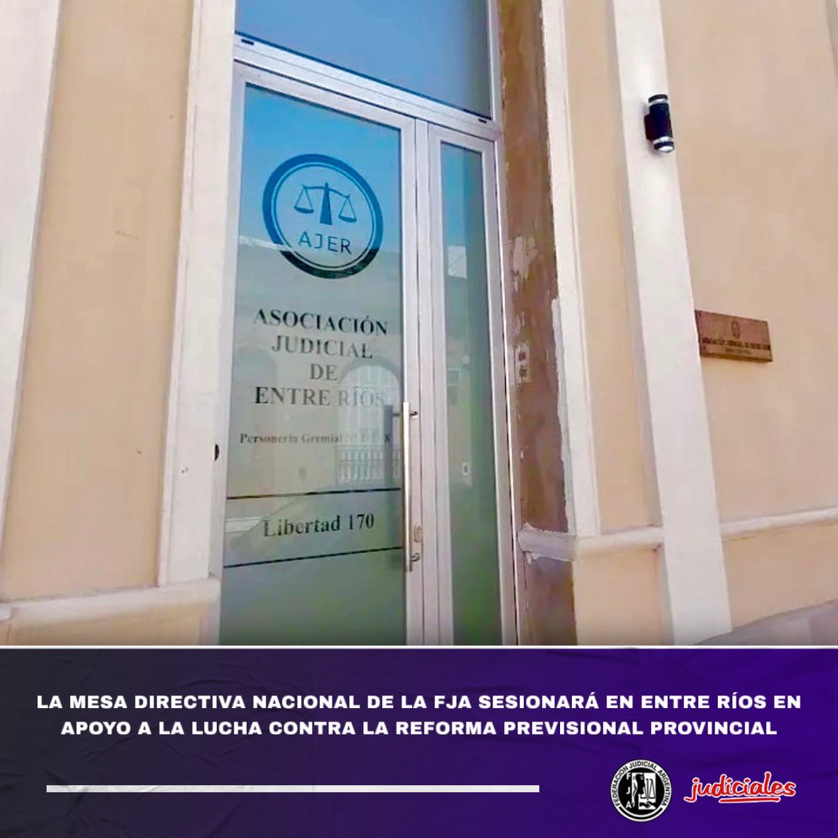 FJAJudiciales's tweet photo. 📢⚖️ La Mesa Directiva Nacional de la FJA sesionará en Entre Ríos para respaldar la lucha de AJER contra la reforma previsional y debatir la situación salarial, la negociación colectiva y los conflictos judiciales de todo el país. ✊
#FJA #AJER #EntreRíos #Judiciales https://t.co/CrWfjtoywi