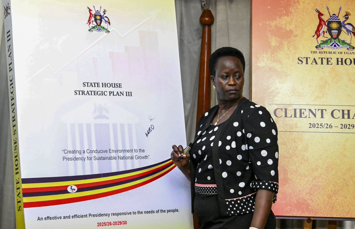 StateHouseUg's tweet photo. State House today launched its Strategic Development Plan, Client Charter and Service Delivery Standards at the Sheraton Kampala Hotel, reaffirming the institution’s commitment to excellence, accountability, transparency and citizen-centred service delivery. The strategic documents will strengthen institutional performance and enhance support to the Presidency in the execution of its constitutional mandate.

Launching the documents on behalf of the Minister for the Presidency, Hon. Santa Sandra Alum Ogwang said they will guide the implementation of Government priorities under the 2026–2031 NRM Manifesto and NDP IV.