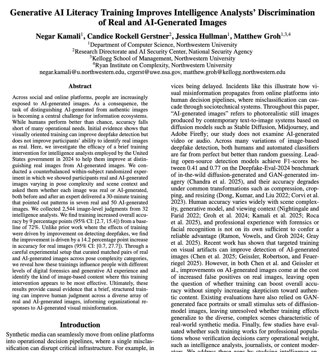 mattgroh's tweet photo. Can we train people to better detect deepfakes and not be overly skeptical of everything?🤔

We ran a 30-minute training for 🕵️ intelligence analysts with an embedded randomized experiment

The short answer is yes; the key is learning which kind of artifacts point to AI 🧵 https://t.co/BezObihSXq