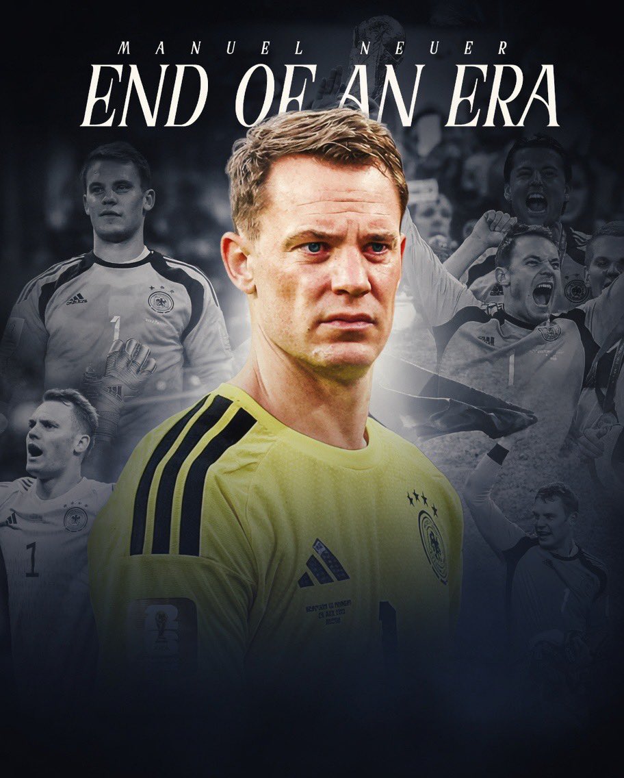 alimo_philip's tweet photo. 🧤🇩🇪 A LEGEND RETIRES.

👋 Manuel Neuer has called time on his Germany career.

👕 128 caps
⛔️ 50 clean sheets
🥅 123 goals conceded
🏟️ 23 World Cup matches — the most ever by a goalkeeper
🏅 Golden Glove winner
🏆 2014 World Champion

🏆 He played in FIVE World Cups… and lifted one.

👨 At 40 years, 3 months and 2 days, he became the oldest player ever to represent Germany. 

5️⃣ Now he sits as the 5th most-capped player in German history.

🧤 Sweeper-keeper. Revolutionary. Icon.

🫶 There will never be another Neuer.

👏 What A Career.