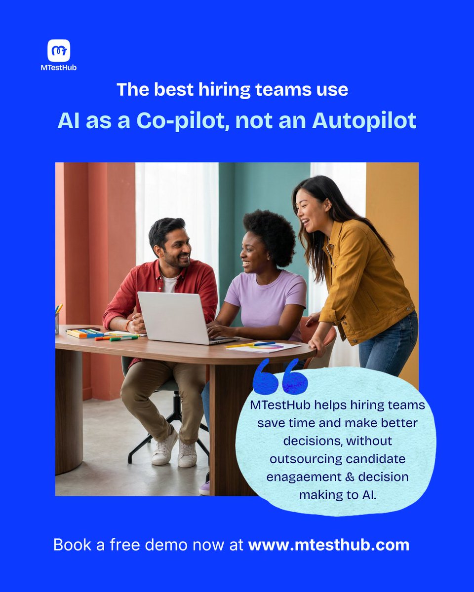 MTestHub's tweet photo. Would you trust an AI agent or tool to independently make your next hiring decision? Probably not.

But would you trust it to help you review hundreds of applications faster, identify top talent, reduce bias, and uncover insights you might otherwise miss? 
Absolutely.
👇 https://t.co/mC295idwnR