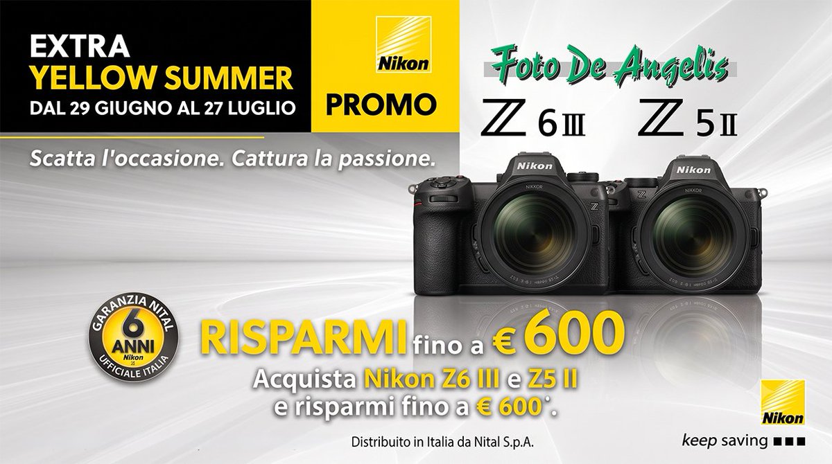 fotodeangelis's tweet photo. 🔥 Nikon eXtra Yellow Summer

Dal 29/06 al 27/07 sconto immediato in cassa su Nikon Z6III e Z5II ufficiali Nital 6 anni.

Risparmio fino a 600€, senza cashback o registrazioni.

Dettagli: https://t.co/E4lybqm4ED
Online: https://t.co/pvUMU1u8Uu
#Nikon #Nital #NikonZ https://t.co/Vx1XS61yRh