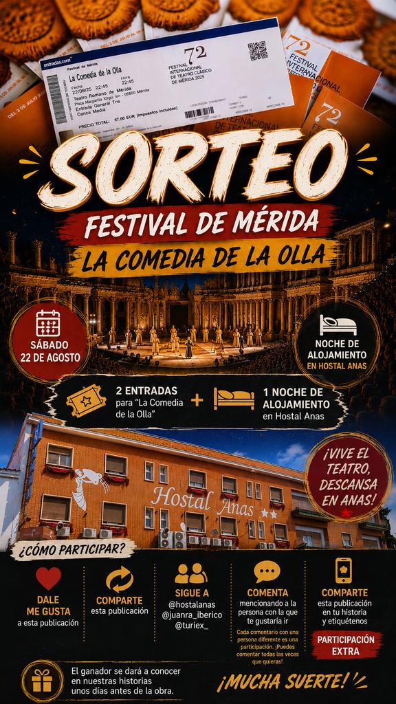 HostalAnas's tweet photo. ¿Te imaginas disfrutar de "La Comedia de la Olla" en el majestuoso Teatro Romano de Mérida y olvidarte de volver a casa esa misma noche?

🎁 Sorteamos:
🎟️ 2 entradas para "La Comedia de la Olla"
📅 Sábado 22 de agosto
🏨 1 noche en Hostal Anas https://t.co/XSjJLH33Jl https://t.co/Gvm3ucuBwY