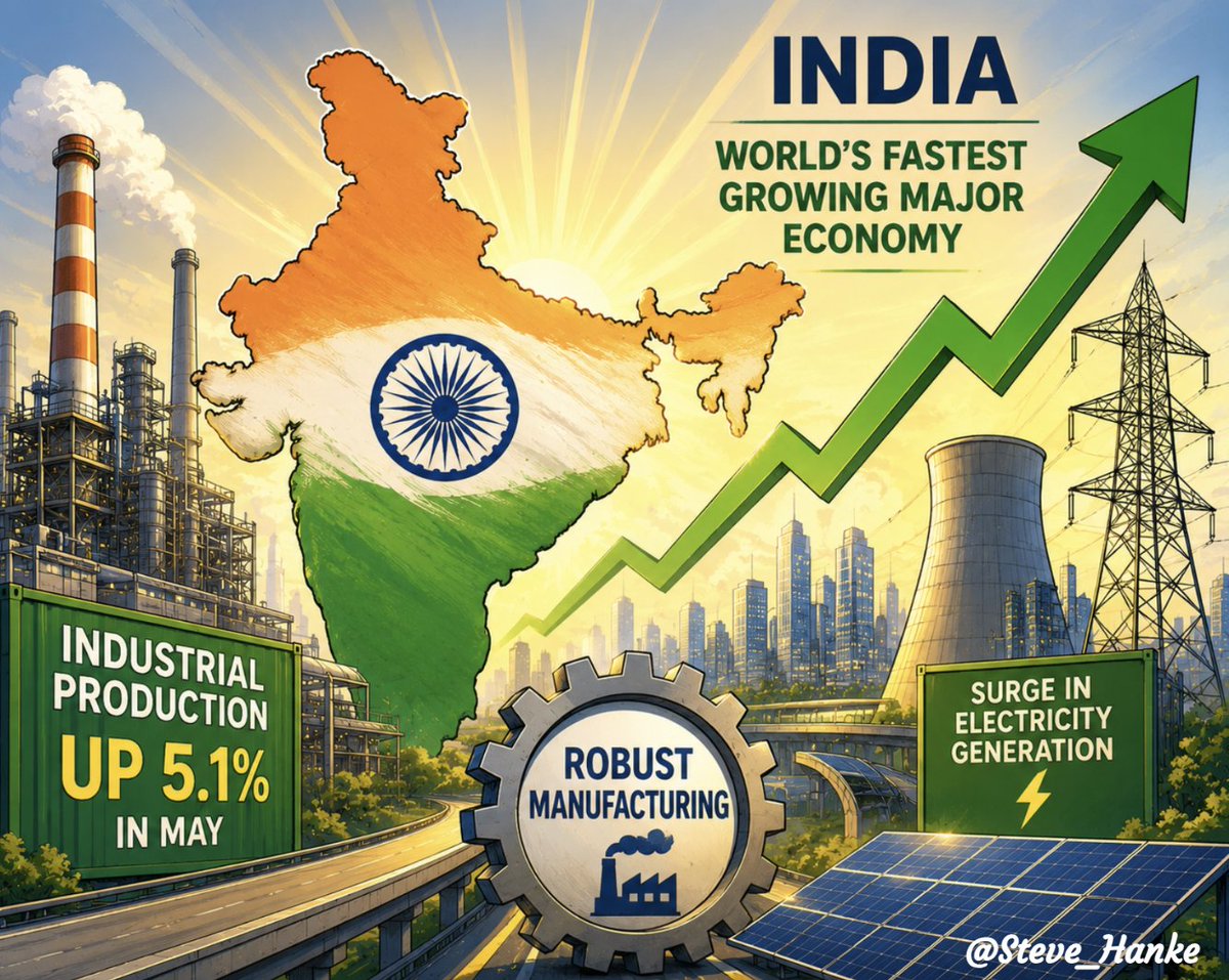 steve_hanke's tweet photo. #IndiaWatch🇮🇳: India’s industrial production rose by 5.1%/yr in May. That exceeded forecasts of 4.7%/yr and April’s 4.9%/yr.

INDIA = WORLD’S FASTEST GROWING MAJOR ECONOMY. https://t.co/VvK7lgR9m1