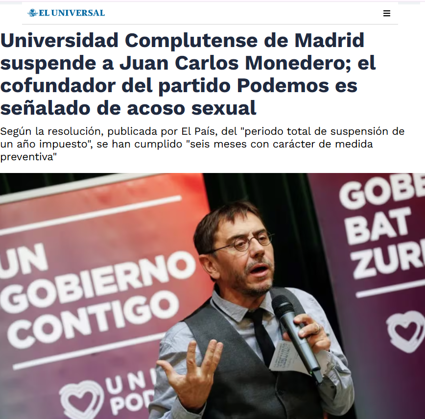 LnkFong's tweet photo. Gran admirador de AMLO, de  @Claudiashein y de la 4T, el asesor político español Juan Carlos Monedero  (@MonederoJC) es también un acosador sexual, resolvió la Universidad Complutense, al atender la denuncia de una alumna víctima del también profesor. 
¡Qué autoridad moral! https://t.co/NcGhV4p6ME