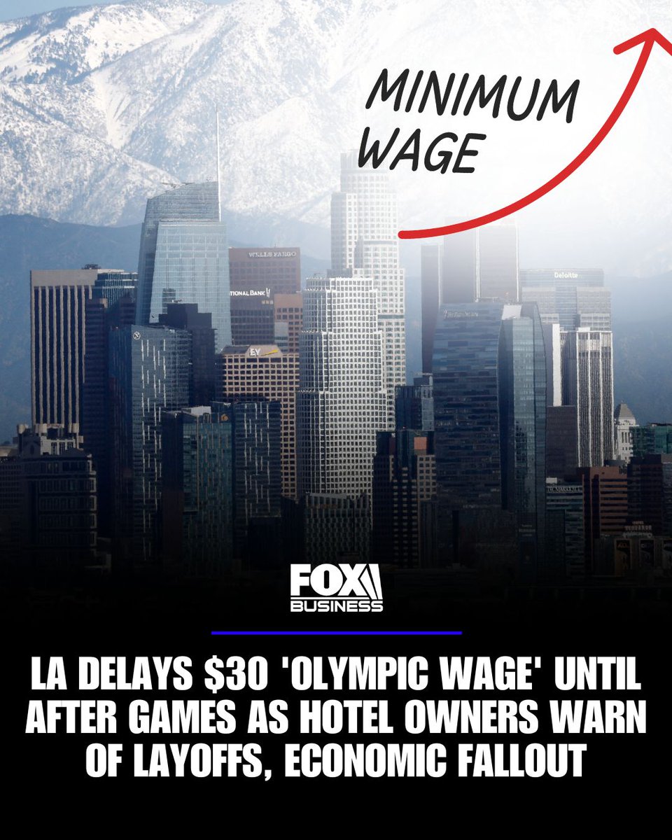 FoxBusiness's tweet photo. Los Angeles is hitting the brakes on its controversial $30 minimum wage plan for hotel and airport workers.

City leaders voted to delay full implementation until 2030 after the hospitality industry warned the mandate could lead to layoffs, slower hiring, and more automation ahead of the 2026 World Cup and the 2028 Olympics.

Supporters say higher wages are needed as the city prepares for a global spotlight. Critics argue the costs could make it harder for hotels to staff up for the very events the policy was meant to support.