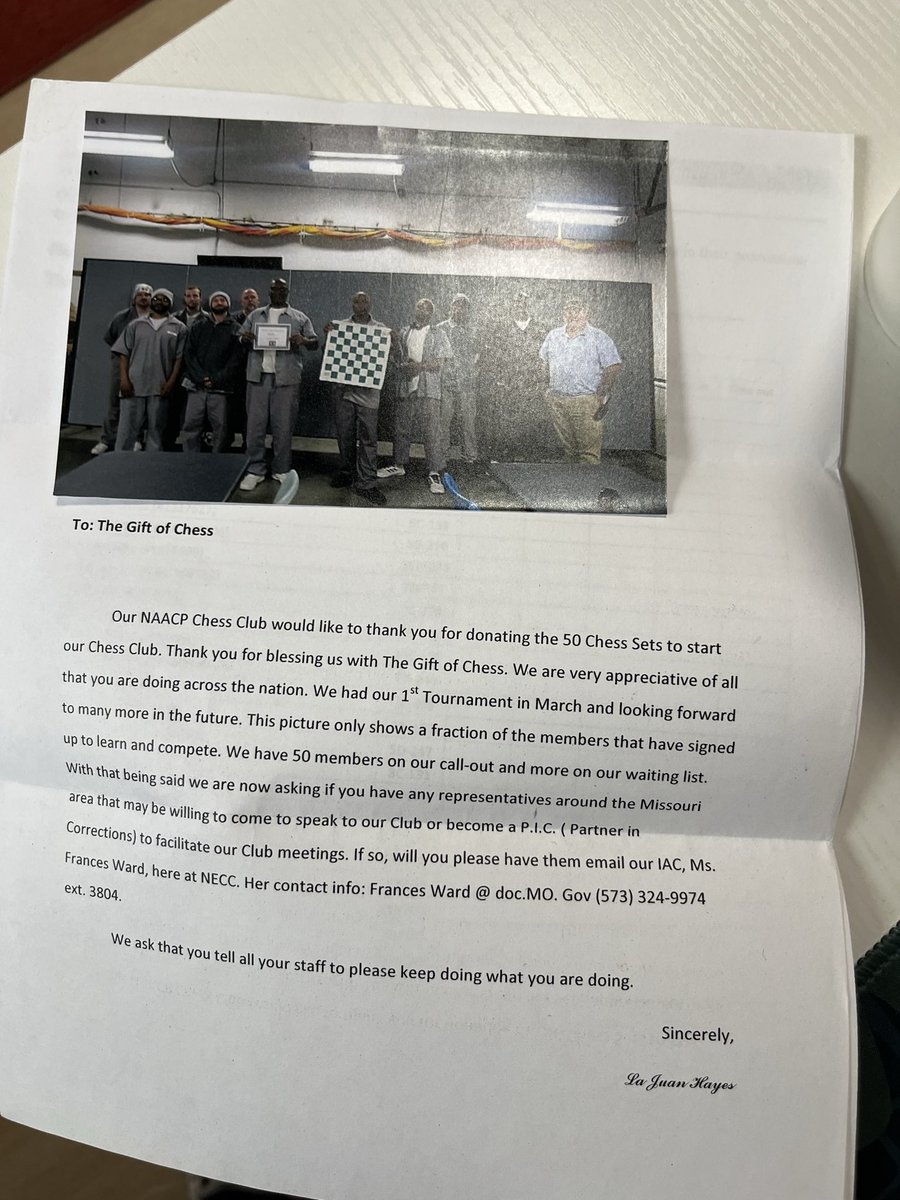 thegiftofchess's tweet photo. Chess is a cognitive rehabilitation tool that we can use in jails and prisons across the globe to help those who are incarcerated change their lives. Here is one small success story from @thegiftofchess distribution in Missouri, USA. https://t.co/Hx8rRBgpJR