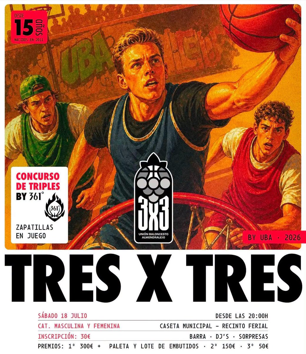 radiogolex's tweet photo. 🏀 𝐄𝐥 3𝐱3 𝐔𝐁𝐀 2026 𝐬𝐮𝐛𝐞 𝐞𝐥 𝐥𝐢𝐬𝐭ó𝐧 𝐲 𝐯𝐮𝐞𝐥𝐯𝐞 𝐚 𝐬𝐢𝐭𝐮𝐚𝐫 𝐚 𝐀𝐥𝐦𝐞𝐧𝐝𝐫𝐚𝐥𝐞𝐣𝐨 𝐜𝐨𝐦𝐨 𝐫𝐞𝐟𝐞𝐫𝐞𝐧𝐜𝐢𝐚 𝐝𝐞𝐥 𝐛𝐚𝐥𝐨𝐧𝐜𝐞𝐬𝐭𝐨 𝐞𝐱𝐭𝐫𝐞𝐦𝐞ñ𝐨

El baloncesto volverá a tomar protagonismo este verano en Almendralejo con la celebración del 3x3 UBA 2026, que tendrá lugar el próximo 18 de julio con el objetivo de consolidarse como uno de los grandes eventos deportivos estivales de Extremadura. La Unión Baloncesto Almendralejo ha presentado oficialmente el cartel de una cita que crece año tras año y que vuelve a poner en valor el trabajo organizativo del club almendralejense.

La edición de este año llega con importantes novedades y un notable salto de calidad gracias al respaldo de Cajalmendralejo, el Ayuntamiento de Almendralejo y la Federación Extremeña de Baloncesto, cuya colaboración permitirá mejorar la infraestructura del torneo con pistas específicas para la modalidad 3x3. Además, el evento incorporará un Concurso de Triples, con la colaboración de la firma deportiva 361º, que premiará al ganador con un par de zapatillas de juego.

Más allá de la competición, el 3x3 UBA 2026 ofrecerá una jornada pensada para jugadores, aficionados y familias, con servicio de barra a precios populares y animación musical en directo a cargo de los DJs Dalai Drama y Tragedy Palma.

@ubalmendralejo